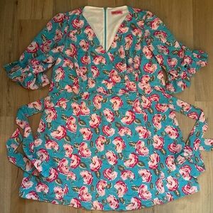 Betsey Johnson Blue and Pink Roses Floral Midi Apron Plus Size Dress BNWT